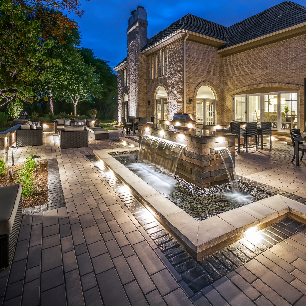 Paver Stone Patio with Water Feature and Patio Lighting