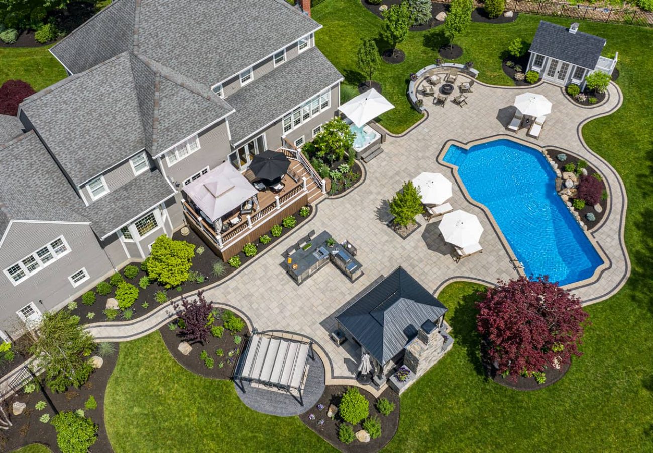 Birds eye view of Outdoor Living Space with Pool and Walkways and Gazebos