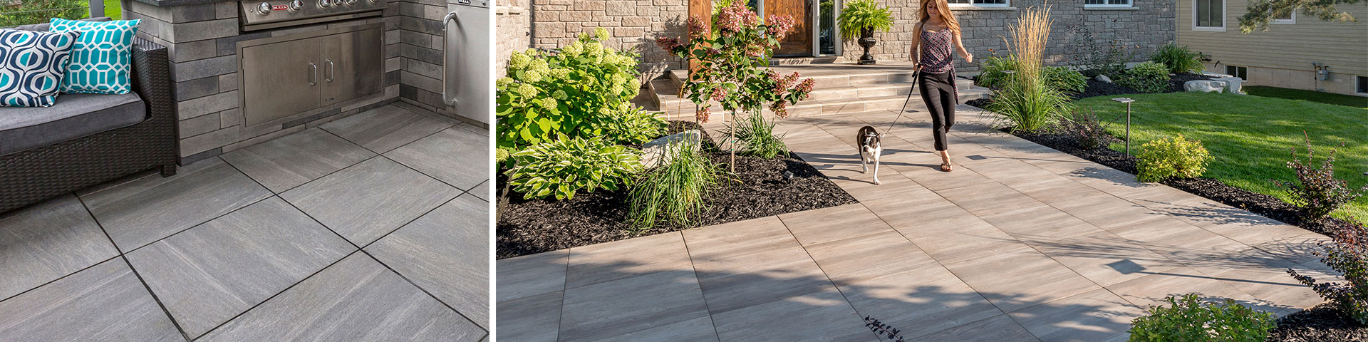 Two Images Showcasing Porcelain Tile for Outdoor Kitchen and for Front Walkway with Person Walking Dog