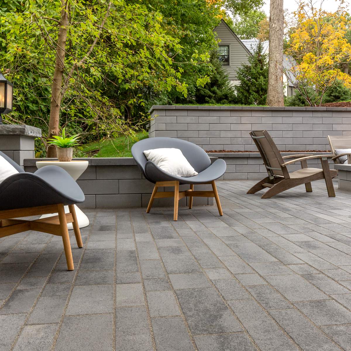 A patio with concrete pavers and a tree in the background.