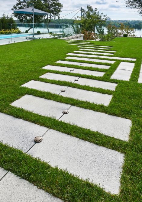 Unilock Walkway with Spaced Stepping Stones on Grass