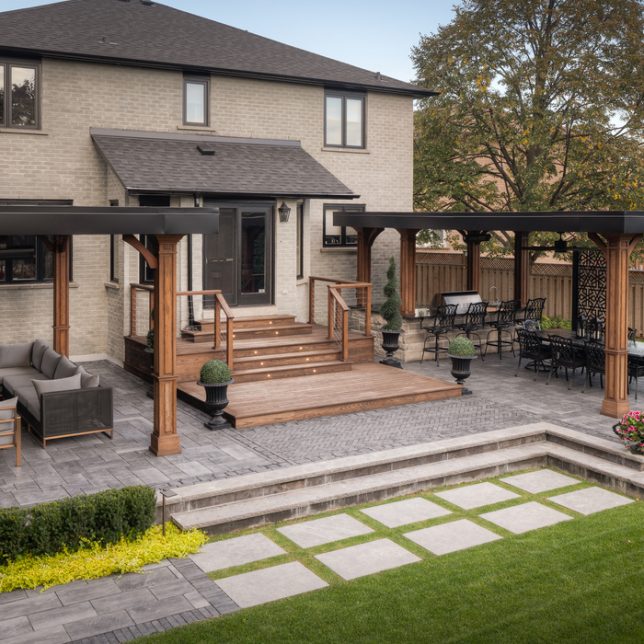 Timeless Outdoor Unilock Raised Patio with Steps to Grass Area