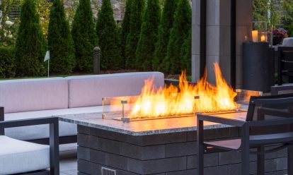 Modern Outdoor Unilock Fire Feature Table on Patio