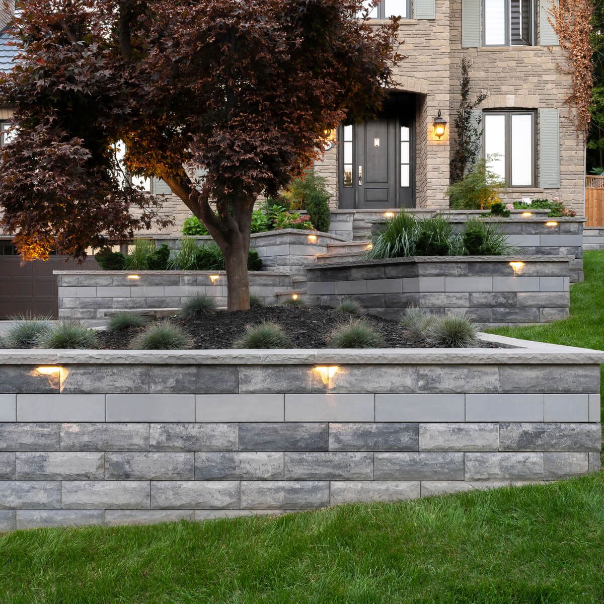 Front Entrance Retaining Wall Planters with Lighting