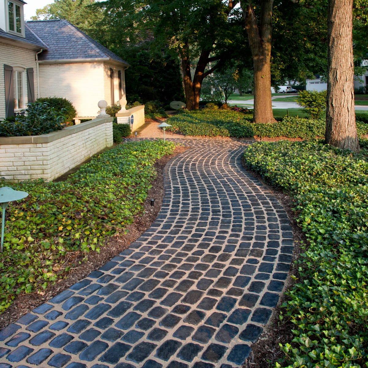 Unilock Courtstone walkway pavers in Basalt color.