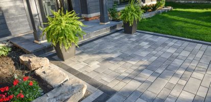 Contemporary entrance and walkway using Unilock Artline linear plank pavers