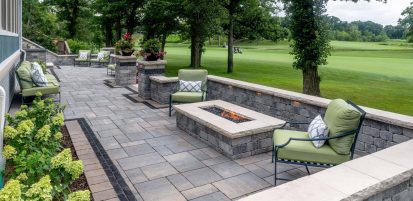 Bristol Valley Patio with a Fire Feature built with Olde Quarry wall and Ledgestone coping