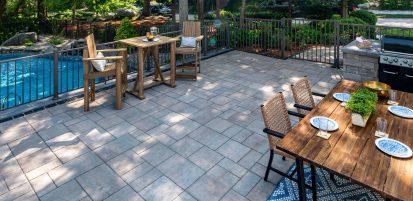 Unilock Elevated Patio and Eating Area, with Beacon Hill Flagstone and U-Cara wall