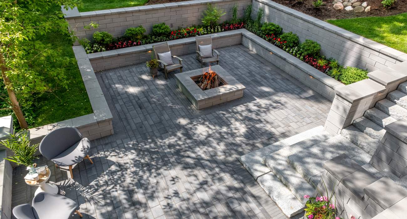 A bird's eye view of a fire pit landscape design.