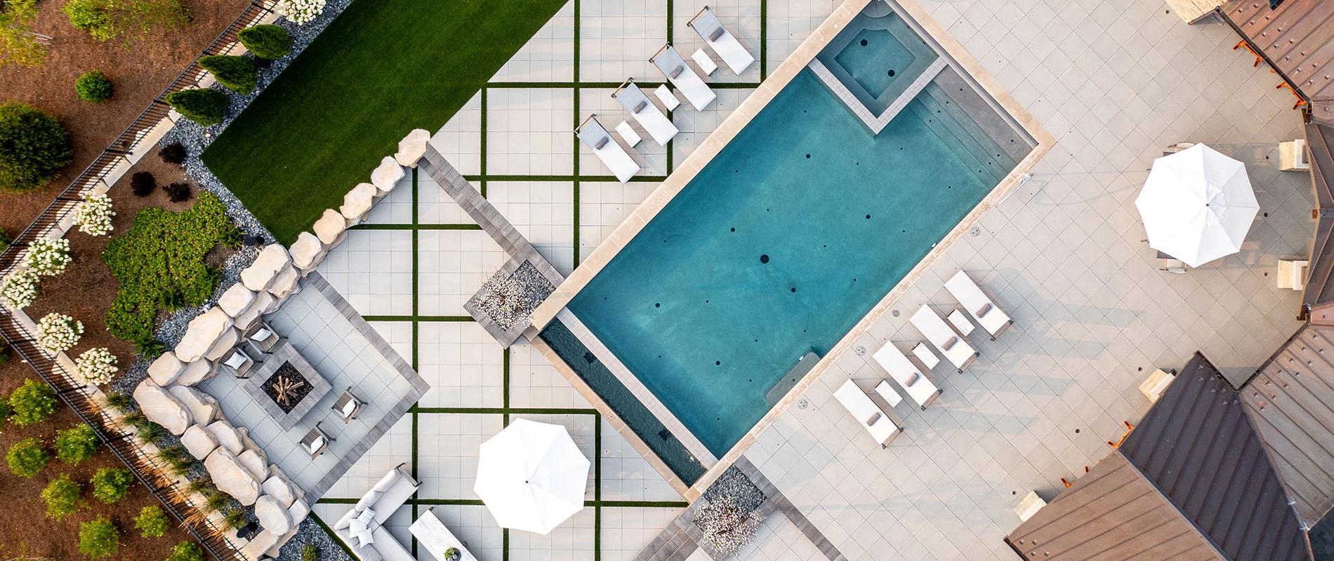 Aerial view of paver patio with hardscaping