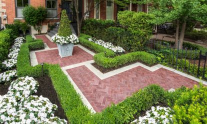 Paver patio and walkway with landscape elements