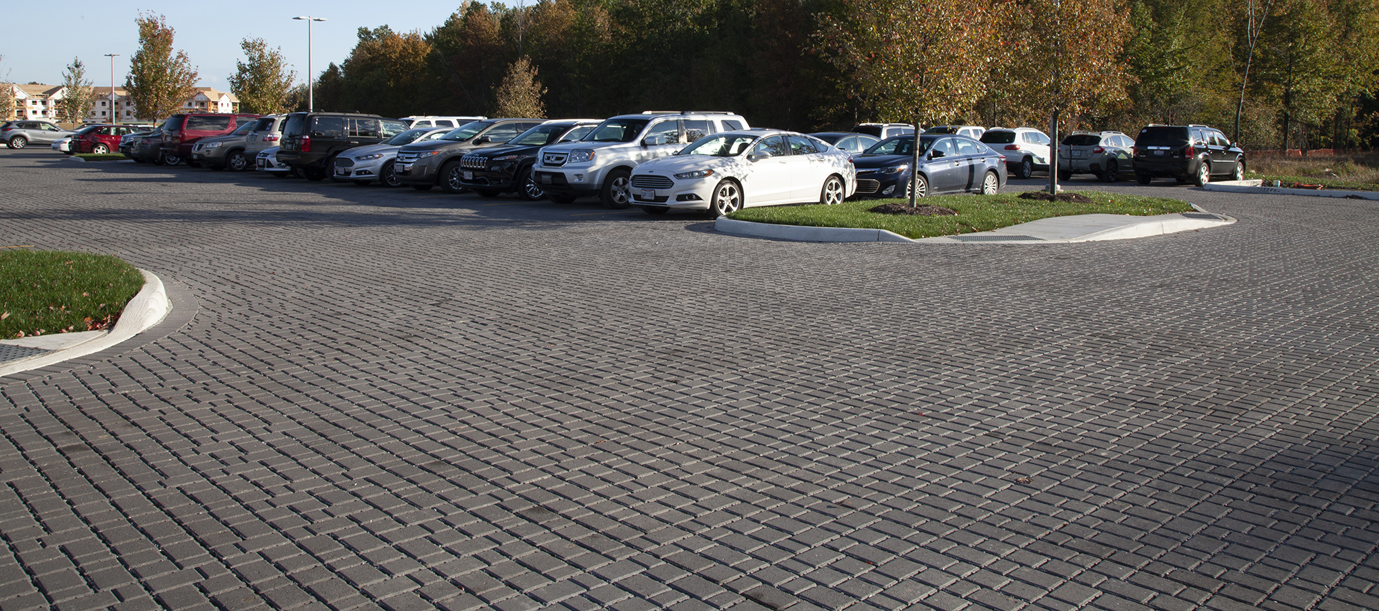 Eco-Optiloc pavers clearly define the size and shape of the Cleveland Clinic parking lot, with grass islands providing sidewalks for travel.