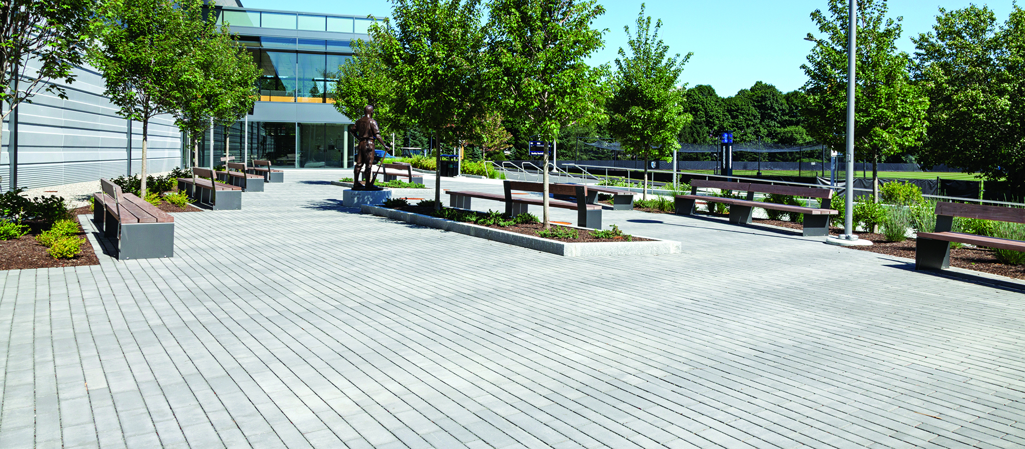 A statue of a baseball player, landscaping, and benches sit on grey Eco-Line permeable pavers at the entrance of Bentley University Stadium.