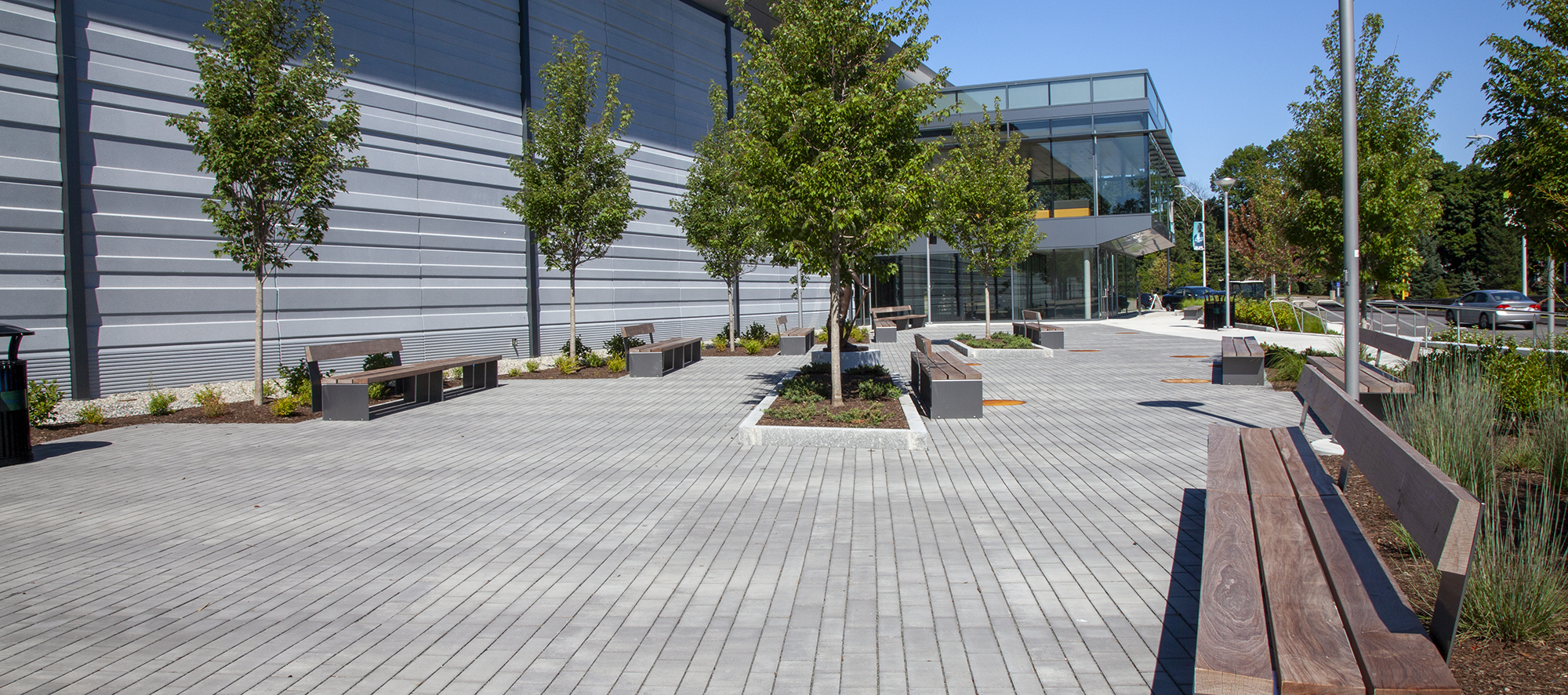 Landscaping and benches sit on grey Eco-Line permeable pavers at the entrance of Bentley University Stadium, with stairs to the parking lot.