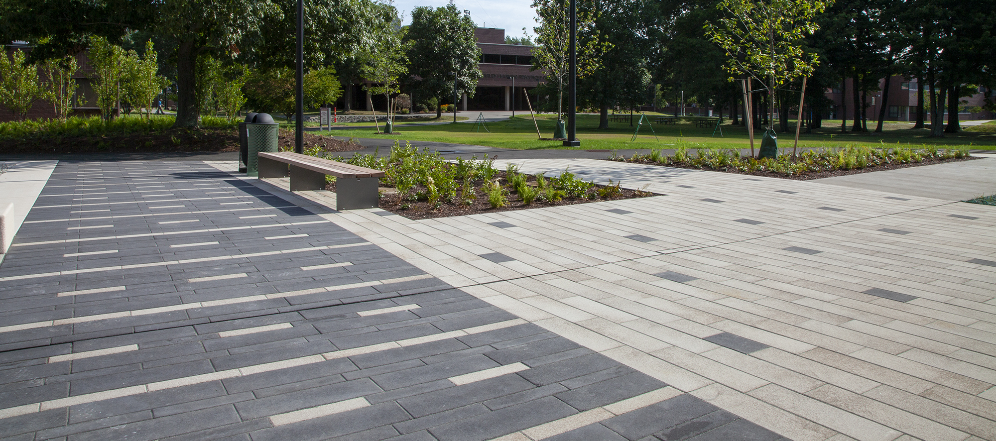 A greenspace in front of a building features a pedestrian plaza and paths made with Promenade Plank Pavers in contrasting colors and patterns.