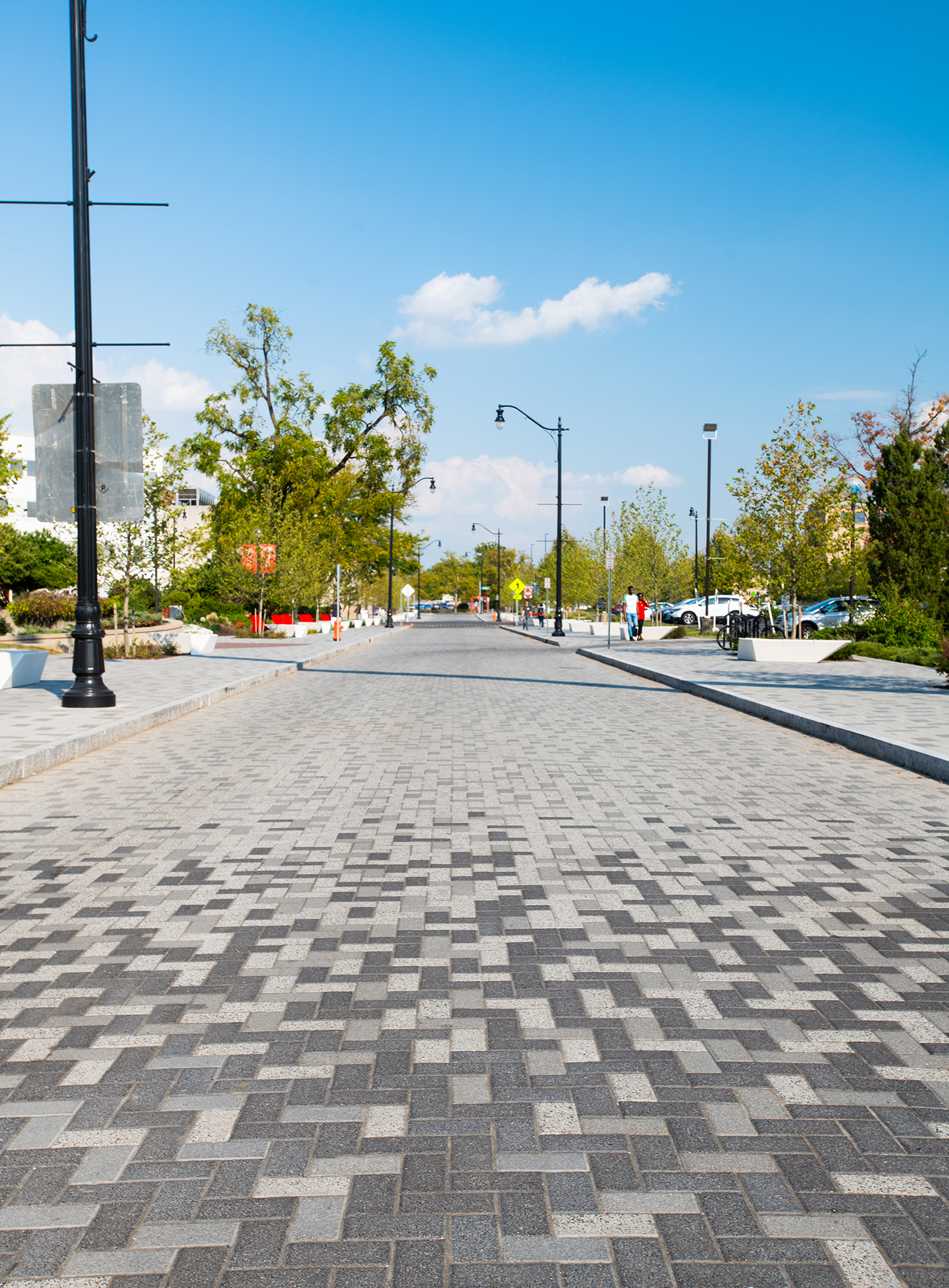 The pixelated design of Series pavers transitions to a singular color on both the street and sidewalk level heading out of the campus.