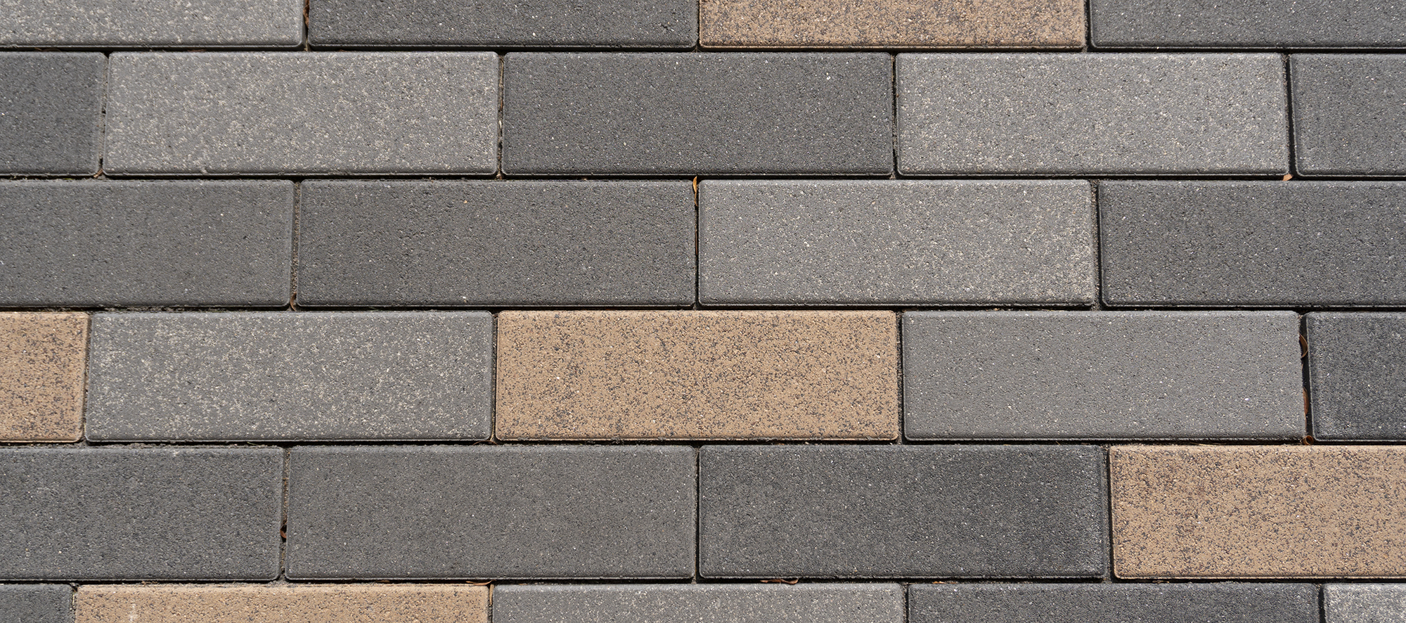 Promenade Plank pavers in three distinct colors are laid in a running bond pattern.